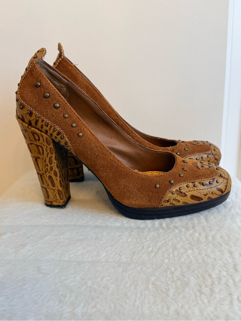 Sam Edelman Women’s Brown Suede & Croc Print Block Heel Pumps 6.5 Y2K